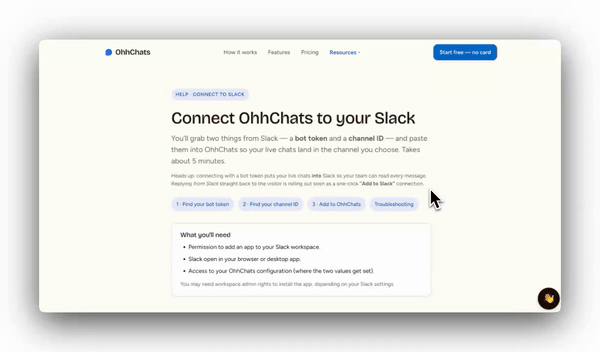 OhhChats demo: a visitor's website chat is answered from Slack, including the mobile app