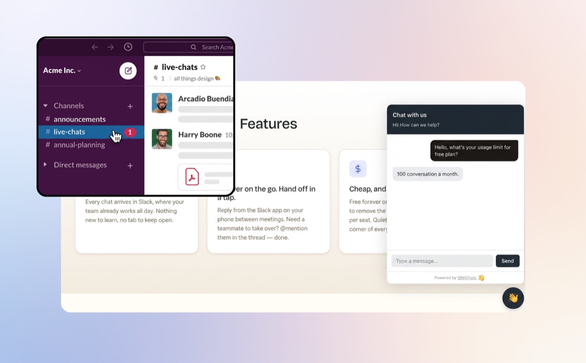 OhhChats live chat widget on a website, with the conversation arriving in a Slack channel