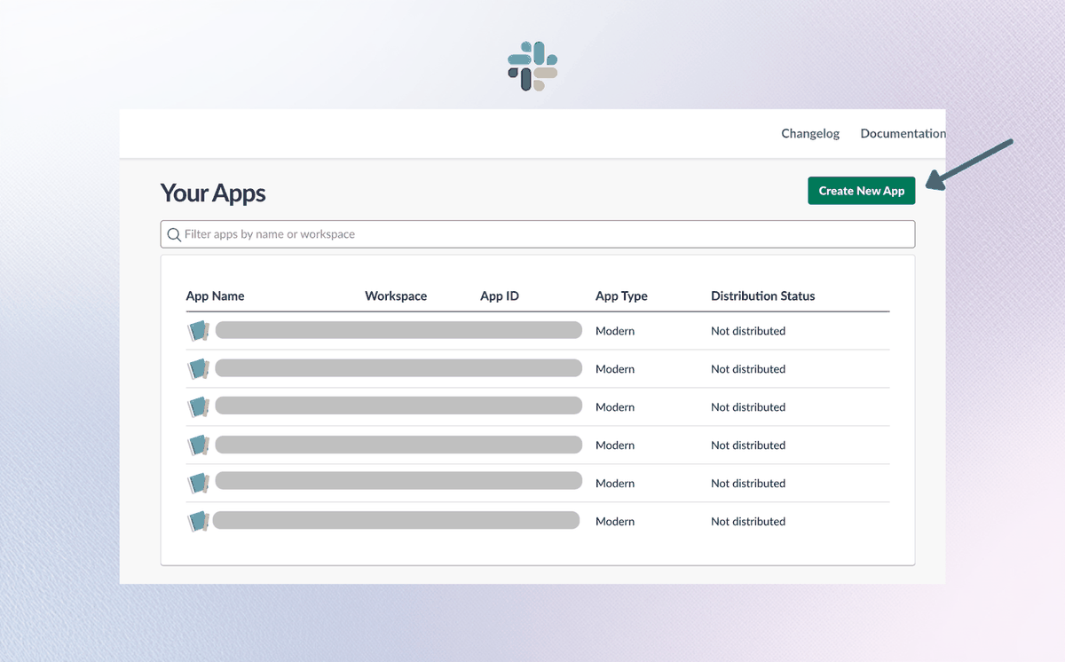 Slack API website: the Your Apps dashboard with the Create New App button