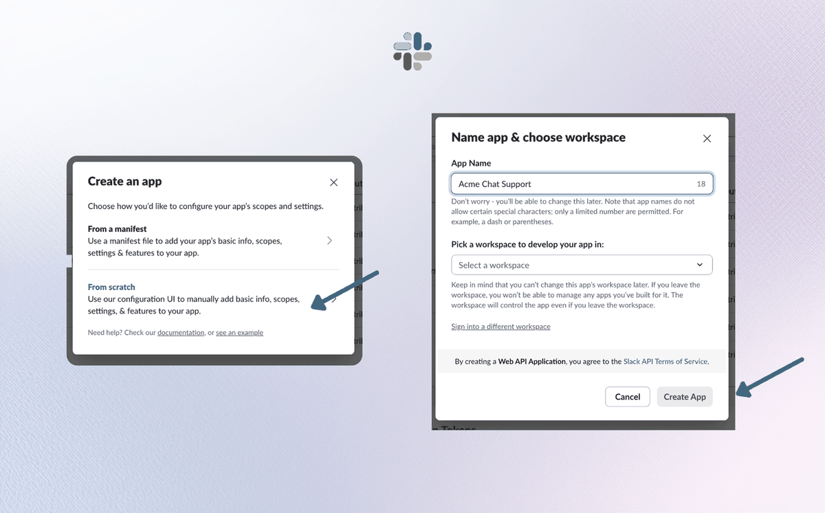 Slack: the Create an app dialog choosing From scratch and selecting a workspace