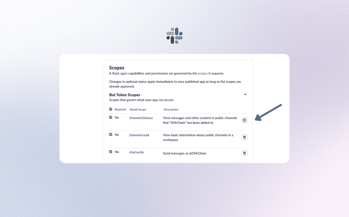 Slack OAuth and Permissions page: adding Bot Token Scopes