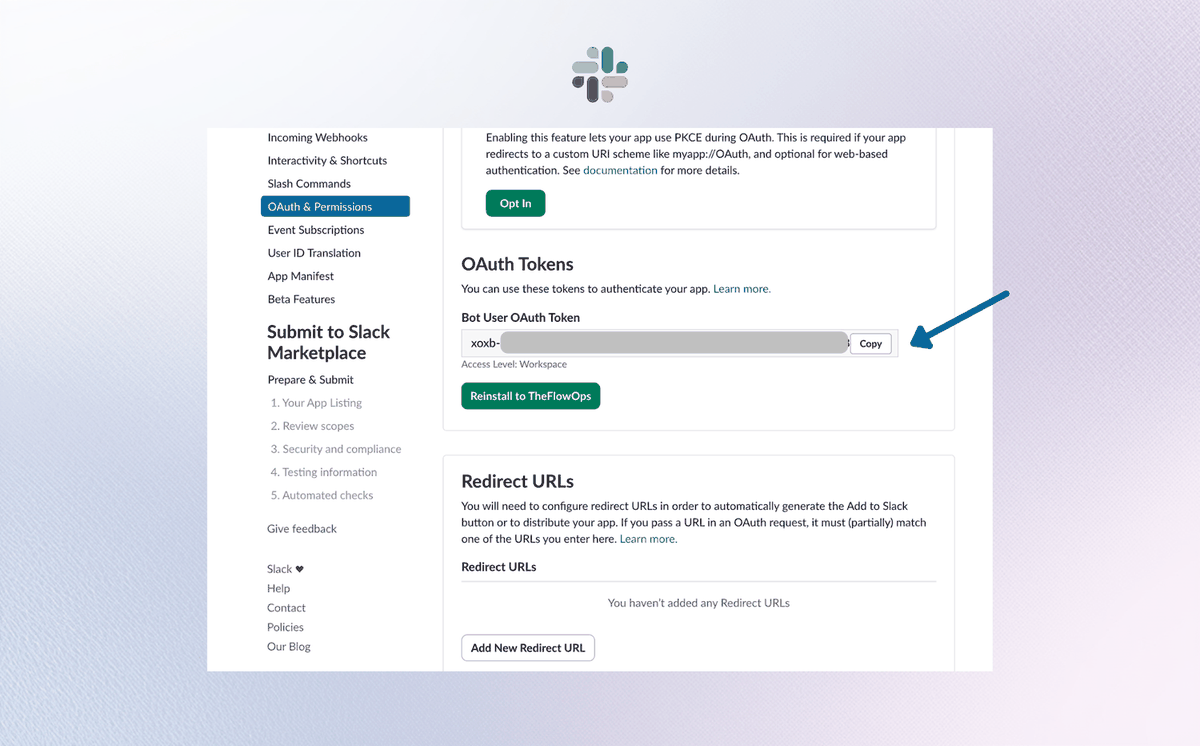 Slack OAuth and Permissions page: the Bot User OAuth Token with a Copy button