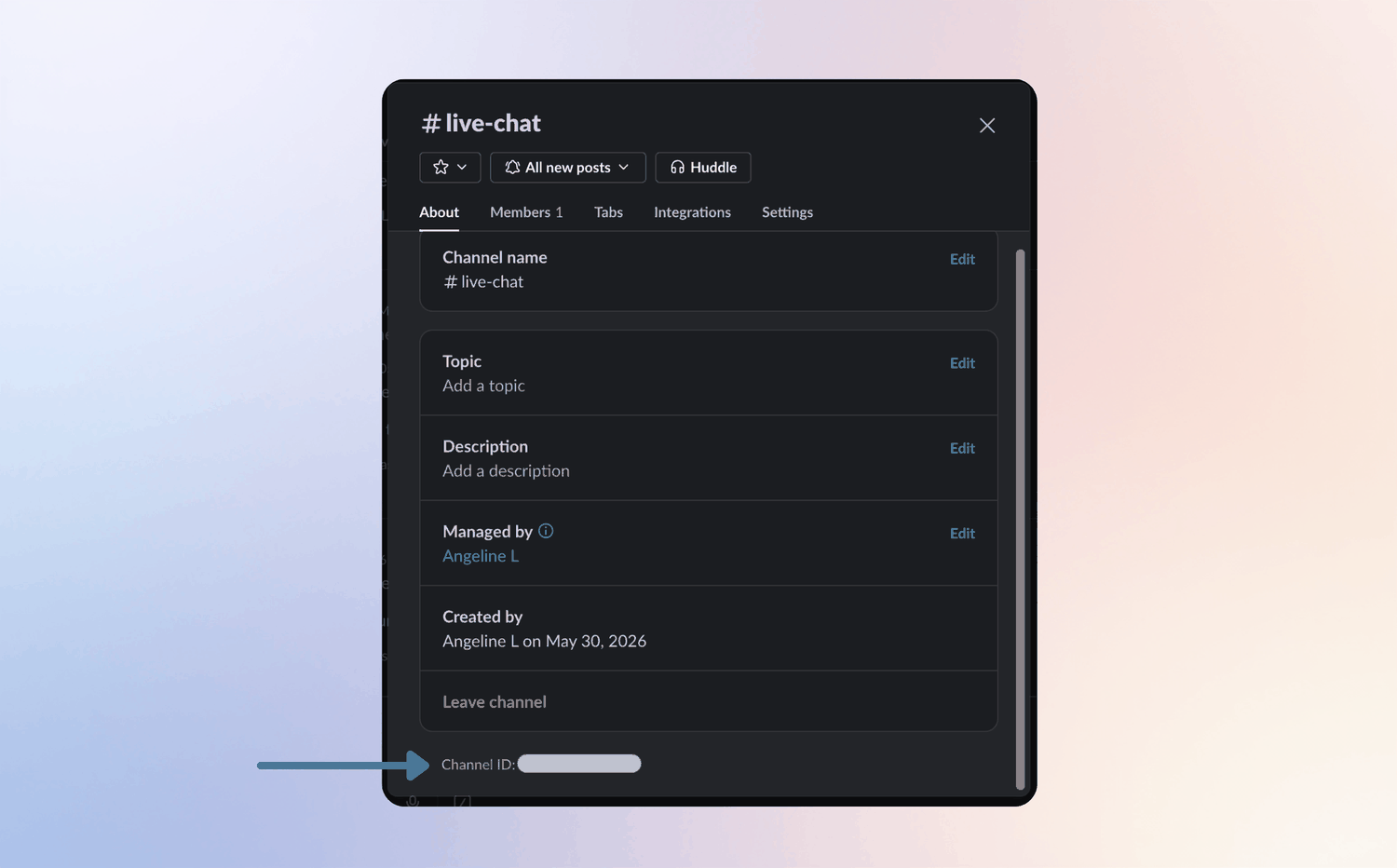 Slack: the channel details About tab with the Channel ID and its Copy button at the bottom