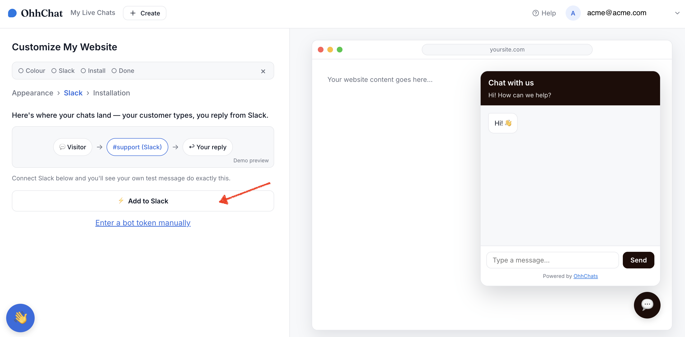 OhhChats live chat with the Connect Slack button