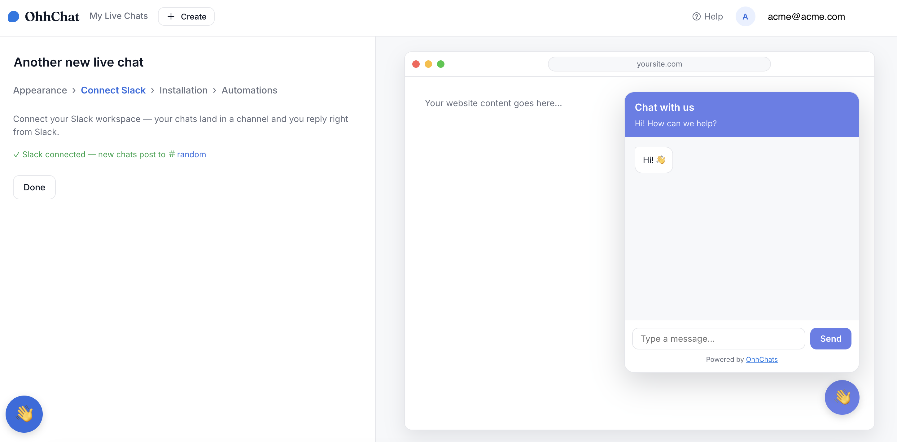 OhhChats showing the Slack connection confirmed, with the channel shown as a link