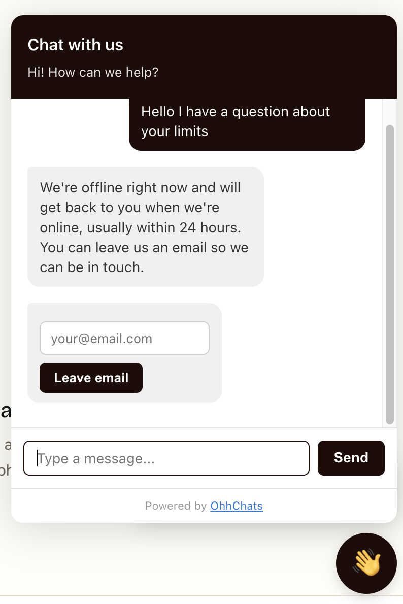The OhhChats widget showing an offline message with an email capture box for a visitor to leave their email