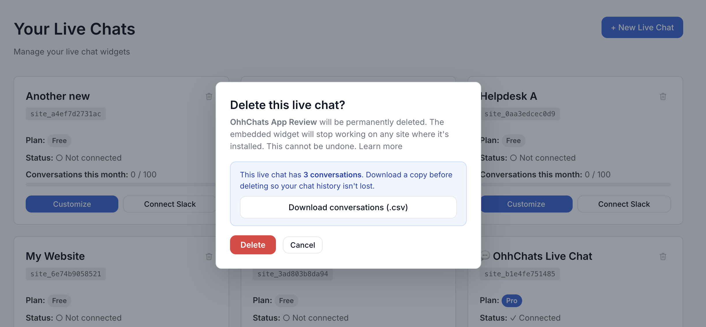 The delete window showing a "Download conversations (.csv)" button alongside the conversation count