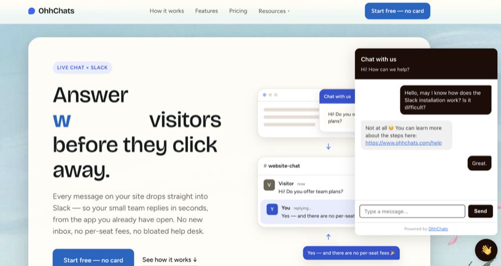 A reply with an emoji and a clickable link shown inside the visitor's chat widget