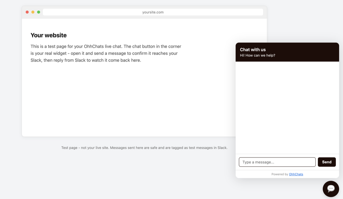 The hosted "Test it live" page with the widget running, opened from the Installation step